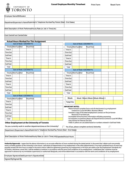 Casual Employee Monthly Timesheet Printable pdf