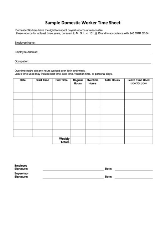 Sample Domestic Worker Time Sheet Printable pdf
