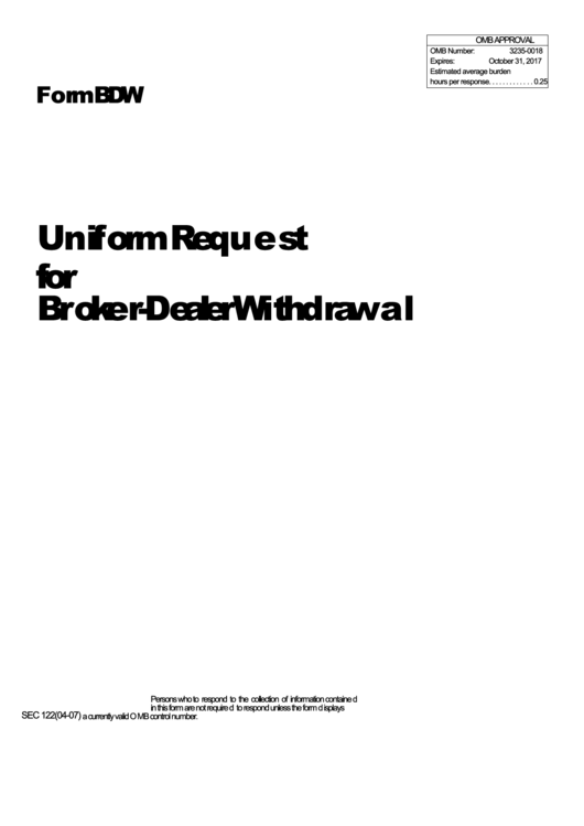 Fillable Form Sec 122 - Form Bdw - Uniform Request For Broker-Dealer Withdrawal Printable pdf