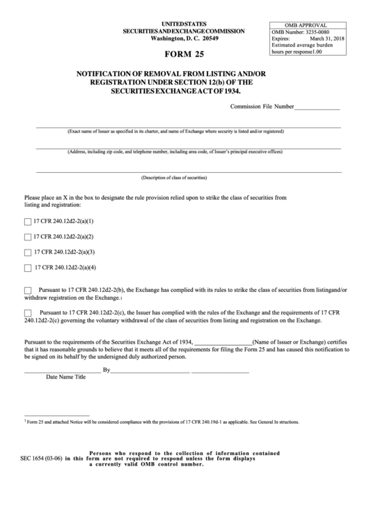 Fillable Sec Form 25 Notification Of Removal From Listing And Or Registration Printable pdf
