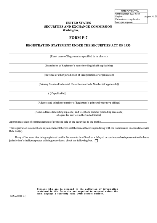 Form F-7 - Registration Statement Under The Securities Act Of 1933 Printable pdf