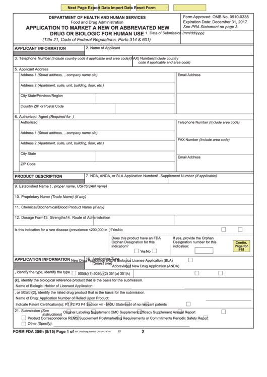 Fillable Form Fda 356h - Application To Market A New Or Abbreviated New Drug Or Biologic For Human Use Form Printable pdf