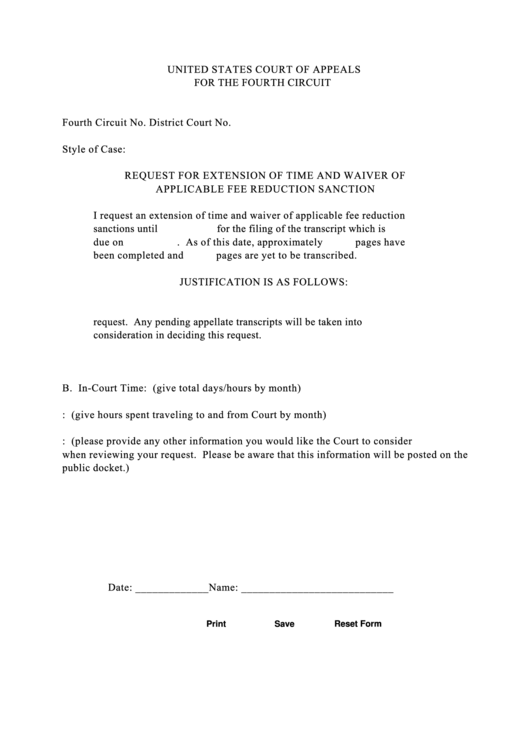 Fillable Request For Extension Of Time And Waiver Of Applicable Fee Reduction Sanction Printable pdf
