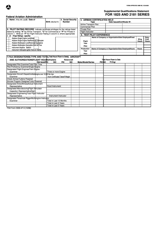 Supplemental Qualifications Statement For 1825 And 2181 Series Faa Form 3330-47-3 Printable pdf