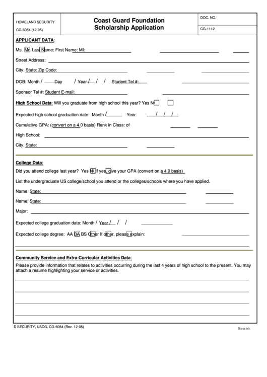 Fillable Coast Guard Foundation Scholarship Application Uscg Cg6054 Printable pdf
