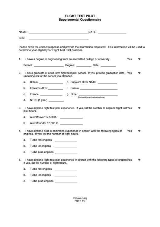 Flight Test Pilot Supplemental Questionnaire Template Printable pdf