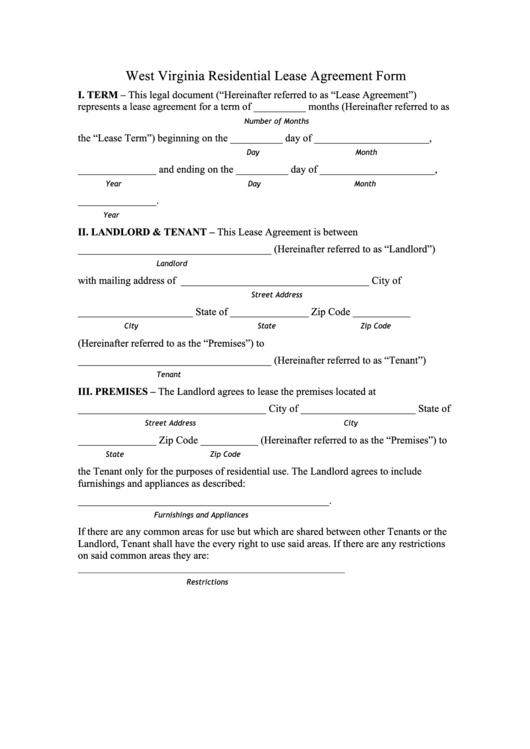 Fillable West Virginia Residential Lease Agreement Form Printable pdf