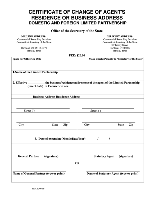 Certificate Of Change Of Agents Residence Or Business Address - Connecticut Secretary Of The State Printable pdf