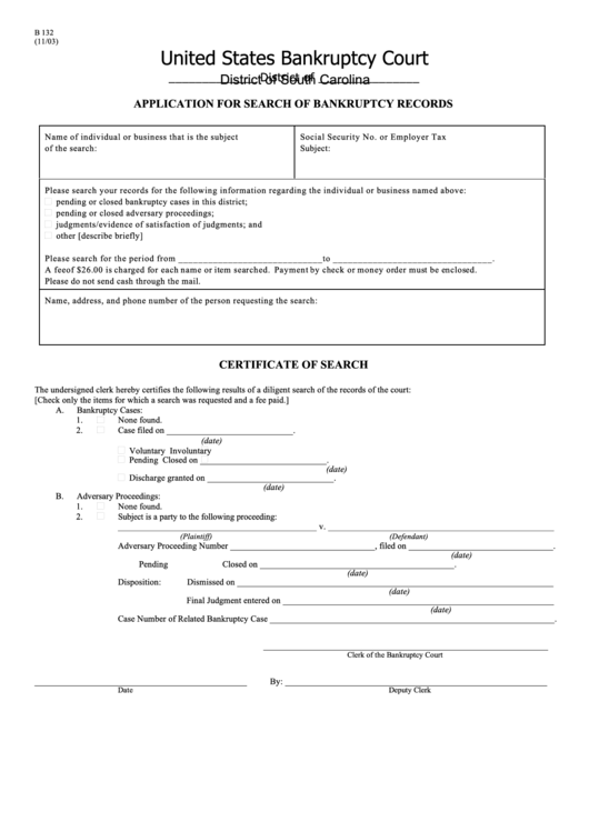 Fillable Application For Search Of Bankruptcy Records Printable pdf