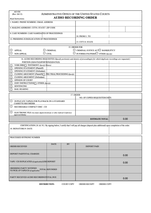 Fillable Form Ao 436 - Audio Recording Order Form - 2013 Printable pdf