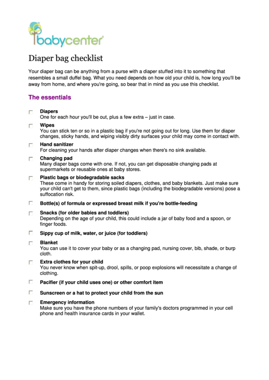 Diaper Bag Checklist Printable pdf