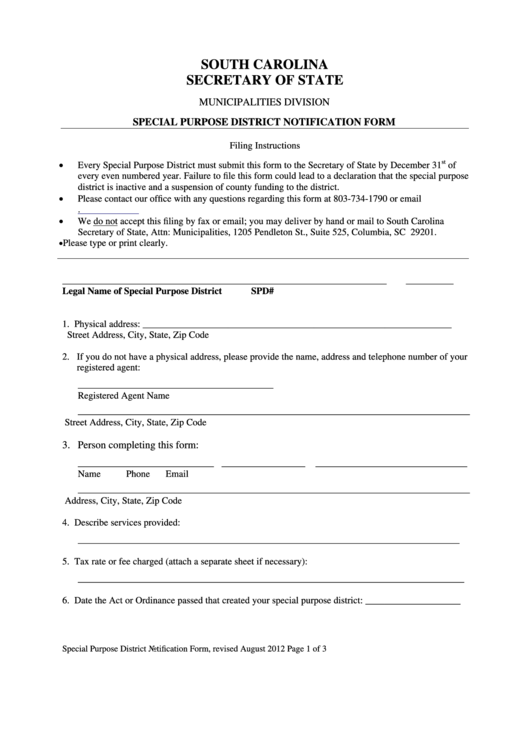 Fillable Special Purpose District Notification Form - South Carolina Secretary Of State Printable pdf