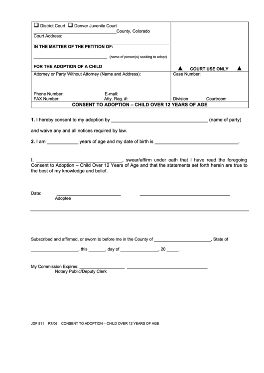 Fillable Consent To Adoption Form - Child Over 12 Years Of Age Printable pdf