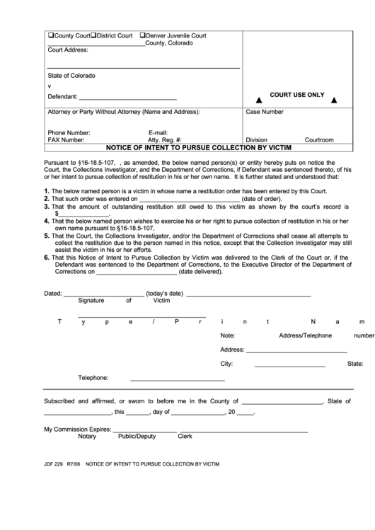 Fillable Form Ldf 229 - Notice Of Intent To Pursue Collection By Victim Printable pdf
