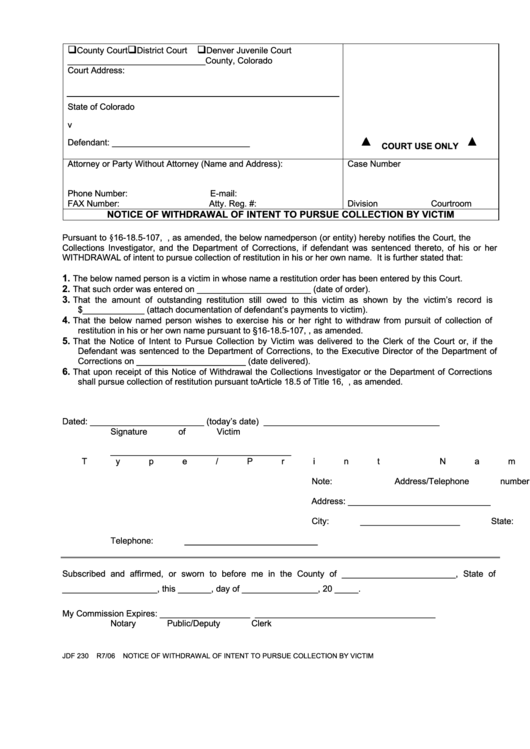 Fillable Form Jdf 230 - Notice Of Withdrawal Of Intent To Pursue Collection By Victim Printable pdf