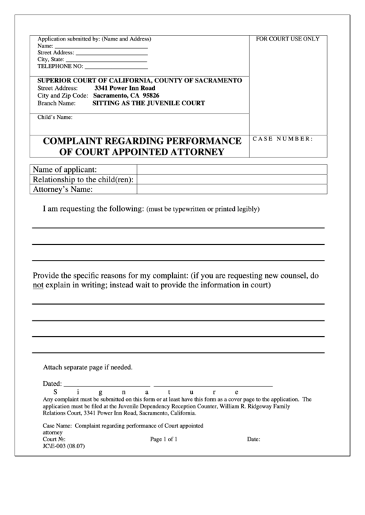 Complaint Regarding Performance Of Court Appointed Attorney Printable pdf