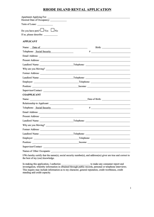 Fillable Rhode Island Rental Application Printable pdf