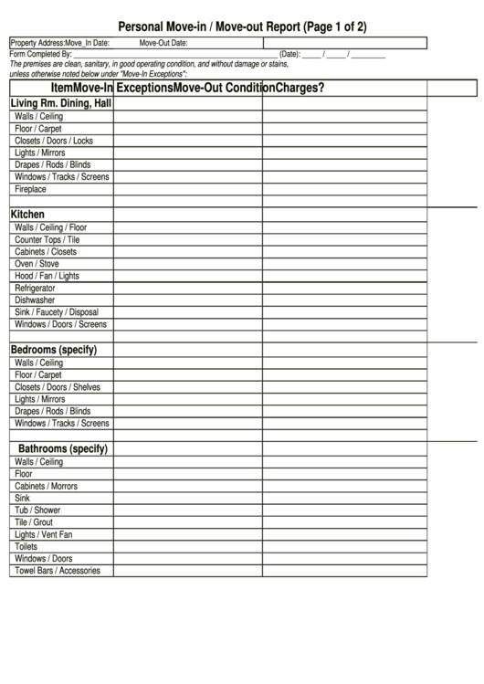 Personal Move In/move Out Report printable pdf download