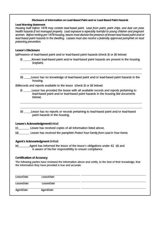 Disclosure Of Information On Lead Based Paint And Or Lead Based Paint Hazards Form Printable pdf