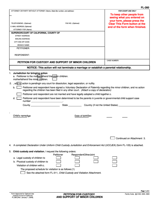 Fillable Form Fl-260 - Petition For Custody And Support Of Minor Children Printable pdf