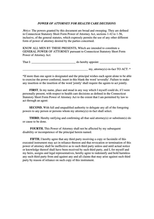 Fillable Power Of Attorney For Health Care Decisions Form Printable pdf