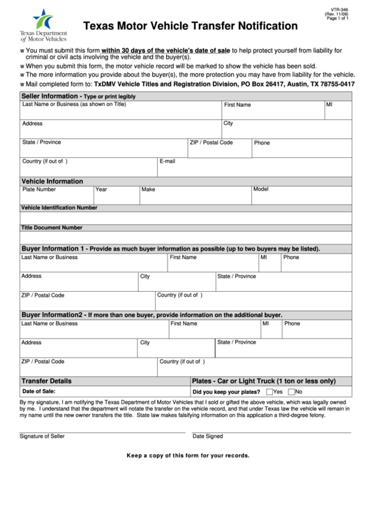 Fillable Form Vtr-346 - Texas Motor Vehicle Transfer Notification Printable pdf