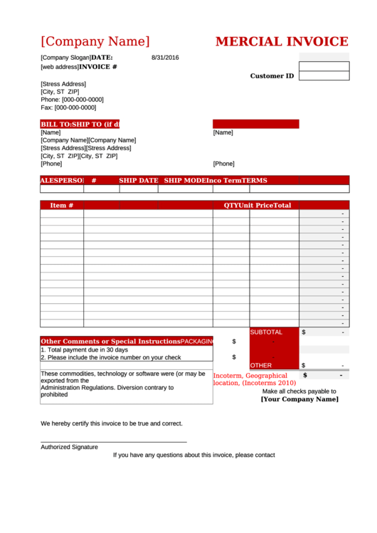 Mercial Invoice Template Printable pdf