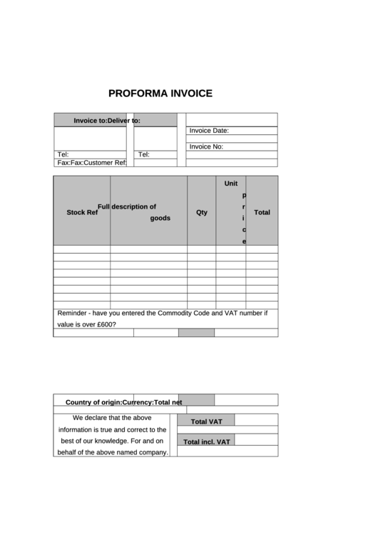 Proforma Invoice Template - Lined Printable pdf