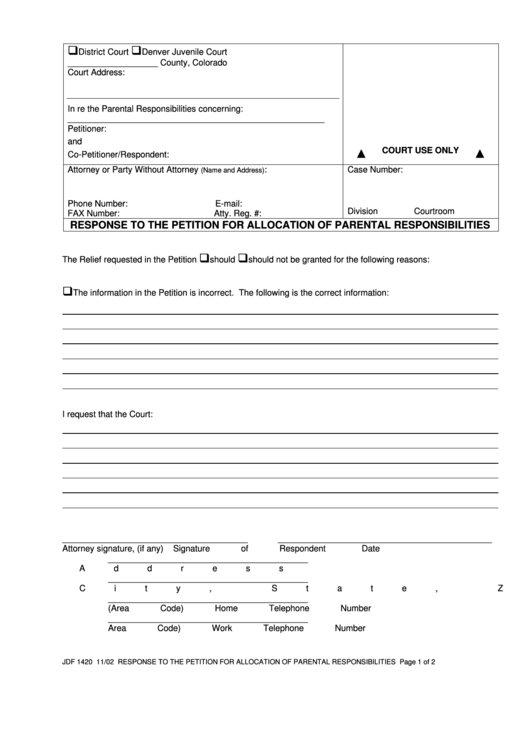 Fillable Response To The Petition For Allocation Of Parental Responsibilities Printable pdf