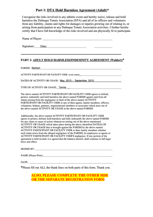 Dta Hold Harmless Agreement Template (Adult) Printable pdf