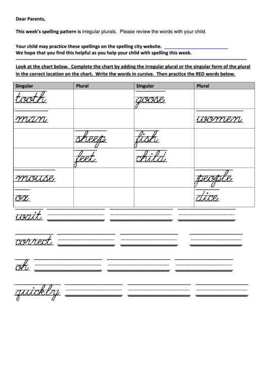 Spelling List - Irregular Plurals Printable pdf