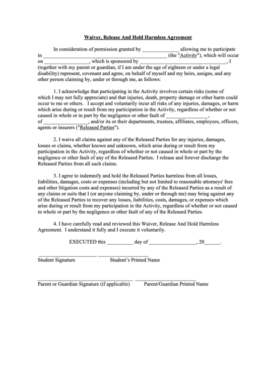 Fillable Waiver, Release And Hold Harmless Agreement Printable pdf