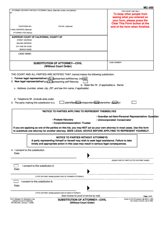 Fillable Form Mc-050 - Substitution Of Attorney - Civil (Without Court Order Printable pdf