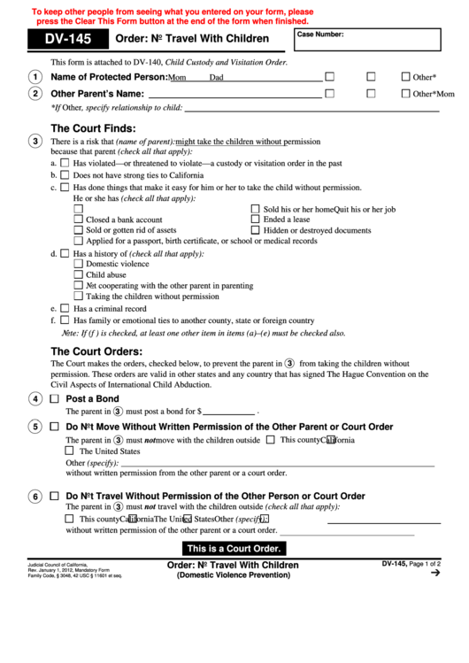 Fillable Form Dv-145 - Order: No Travel With Children Printable pdf