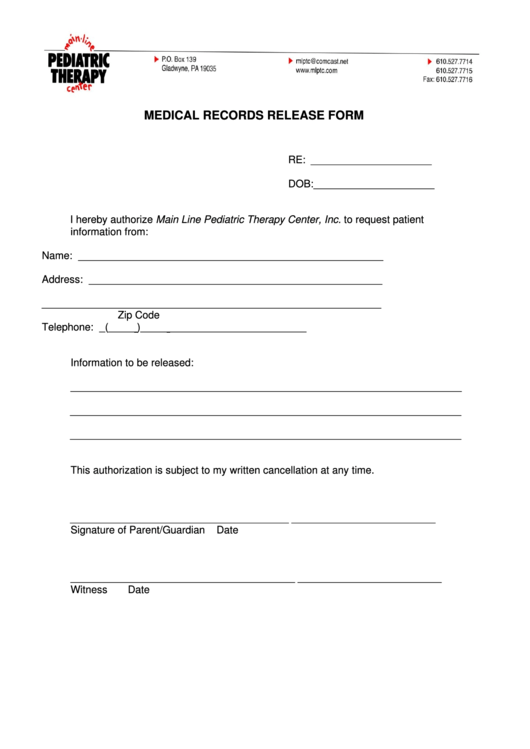 Pediatric Therapy Medical Records Release Form Printable pdf