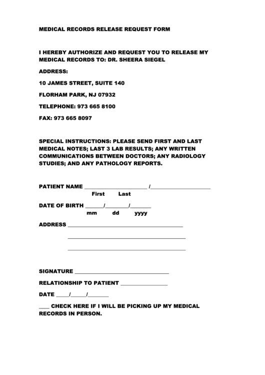Medical Records Release Request Form Printable pdf