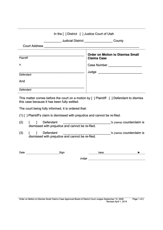 Order On Motion To Dismiss Small Claims Case Form - Justice Court Of Utah Printable pdf