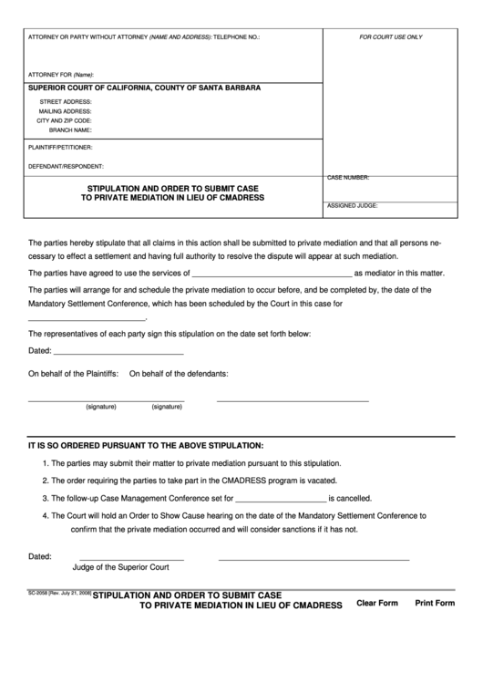 Fillable Stipulation And Order To Submit Case To Private Mediation In Lieu Of Cmadress Printable pdf