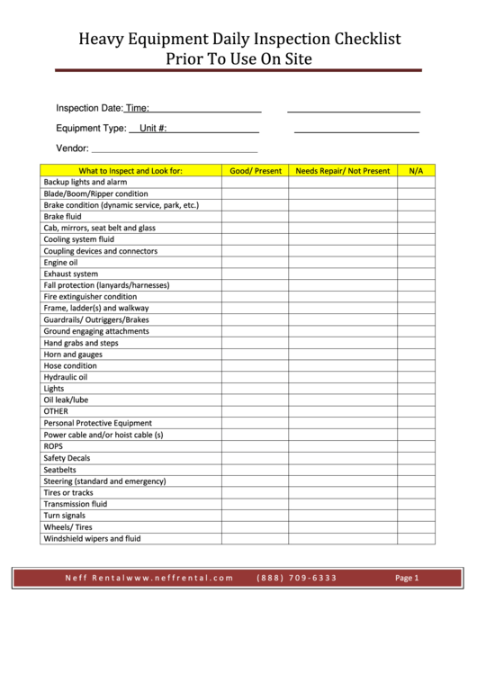 Heavy Equipment Daily Inspection Checklist Template Prior To Use On Site Printable pdf