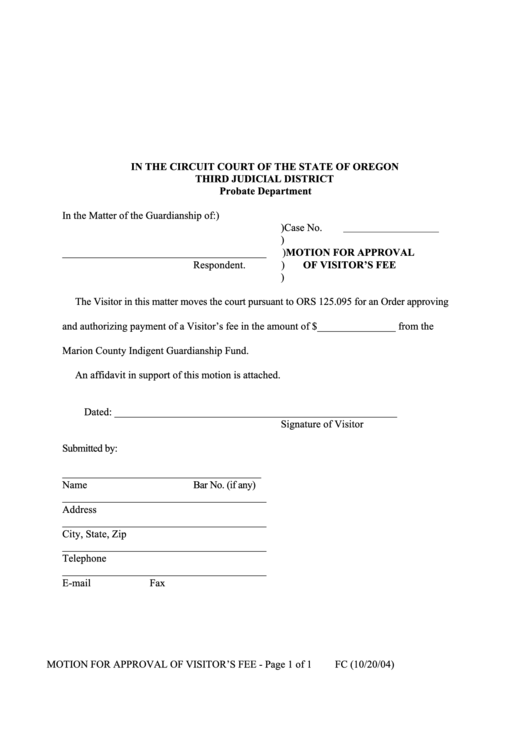 Motion For Approval Os Visitors Fee Form - Oregon Printable pdf