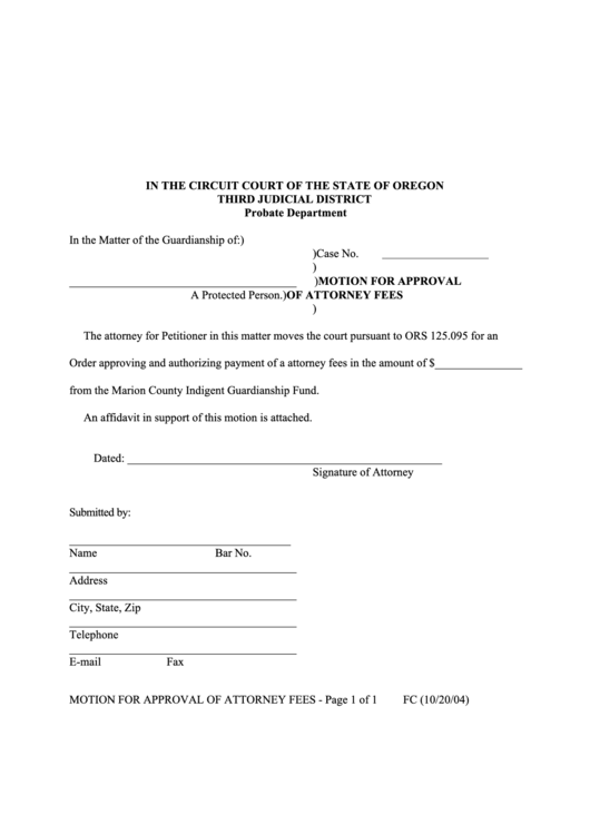 Motion For Approval Of Attorney Fees Form - Oregon Printable pdf