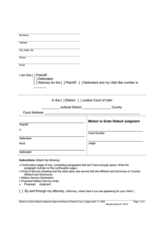 Motion To Enter Default Judgment Form Printable pdf
