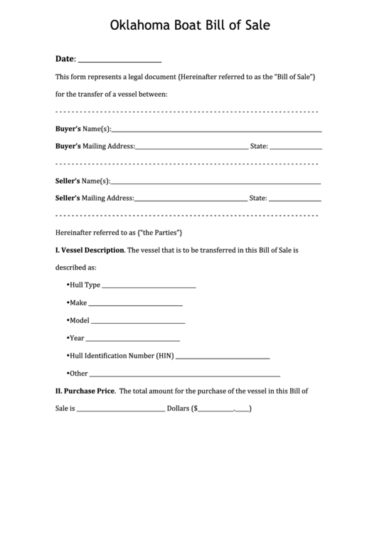 Fillable Oklahoma Boat Bill Of Sale Printable pdf