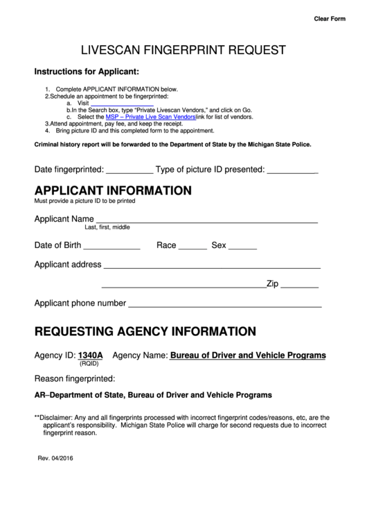Fillable Livescan Fingerprint Request Form Printable pdf