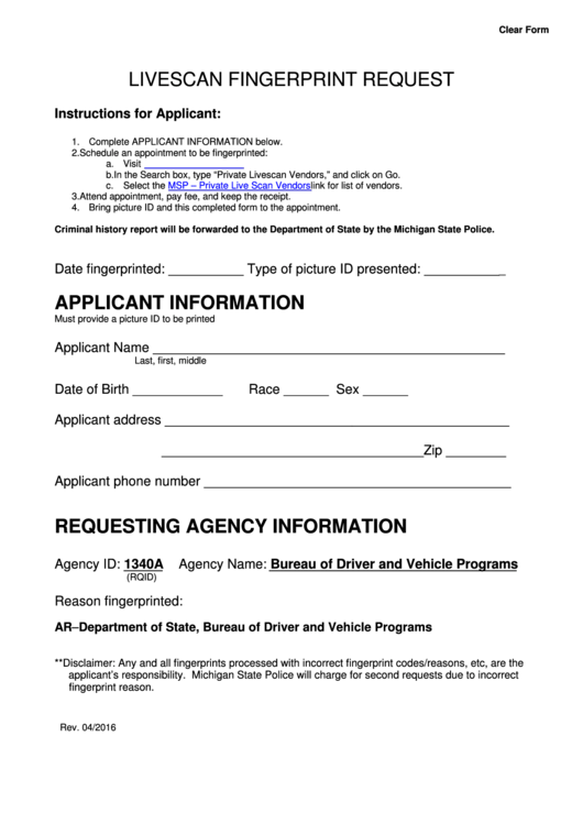 Fillable Livescan Fingerprint Request Form Printable Pdf Download