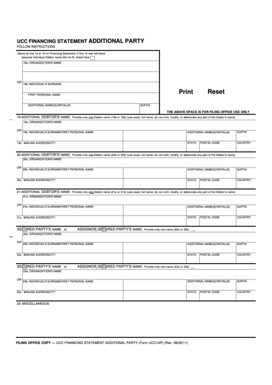 Fillable Form Ucc1ap - Ucc Financing Statement Additional Party Printable pdf