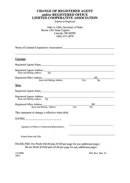 Change Of Registered Agent And/or Registered Office Limited Cooperative Association - Nebraska Secretary Of State Printable pdf