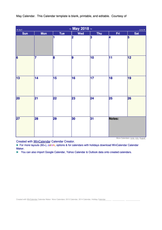 2018 May Calendar Template