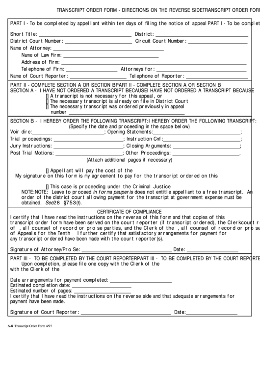 Fillable Form A-8 - Transcript Order Form - U.s. Court Of Appeals Printable pdf