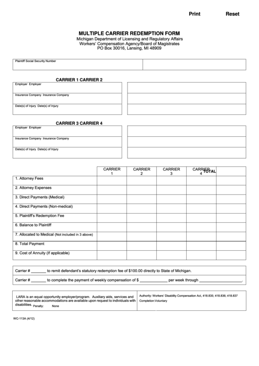 Fillable Multiple Carrier Redemption Form Printable pdf